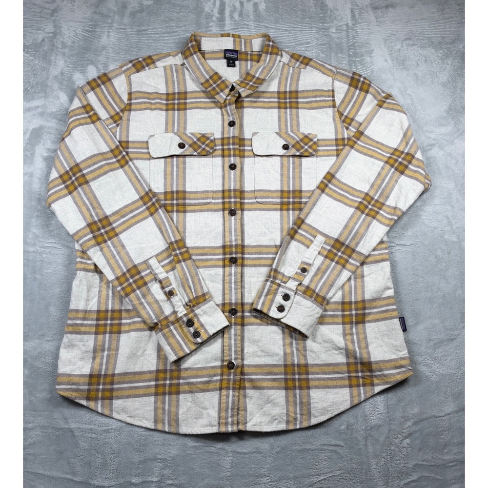 Patagonia Fjord Flannel Shirt Womens XL Organic Cotton Tundra Birch White Plaid